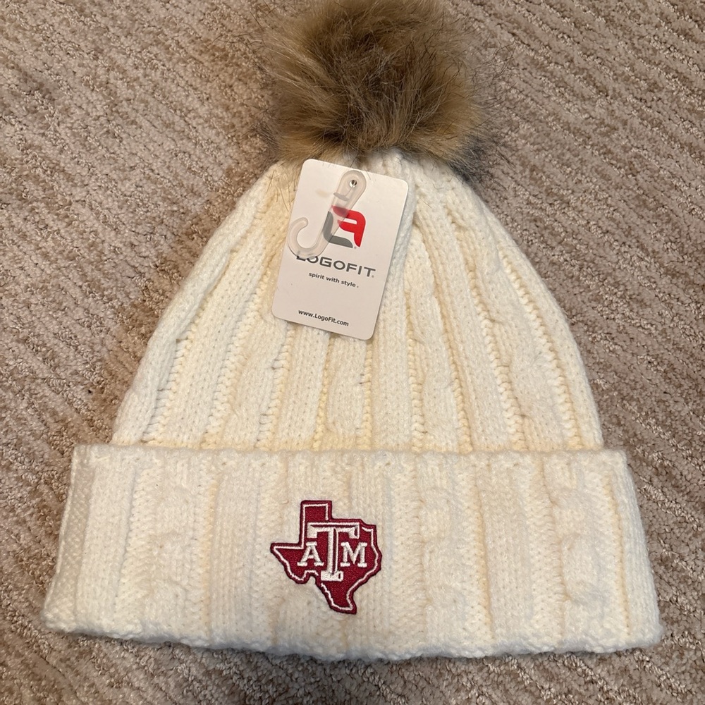 LOGO by Lori Goldstein Cream Cable Knit Beanie with Brown Pom-Pom